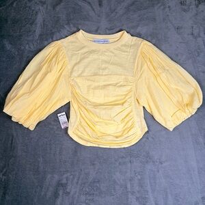Beyond The Radar Women's Small Cropped Ruched Shirt Yellow Puff Sleeve Boho